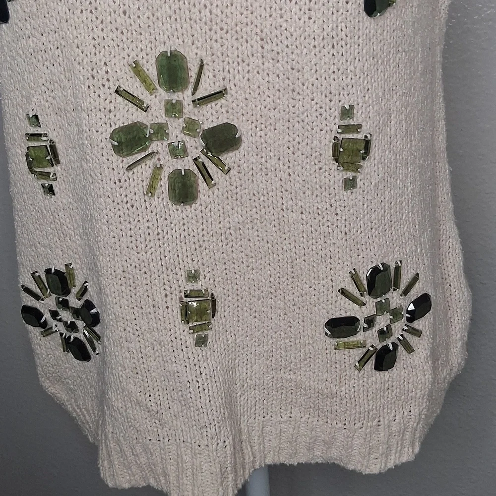 J.Crew Cream Green Jeweled Short Sleeve Medallion Sweatshirt Boho XS